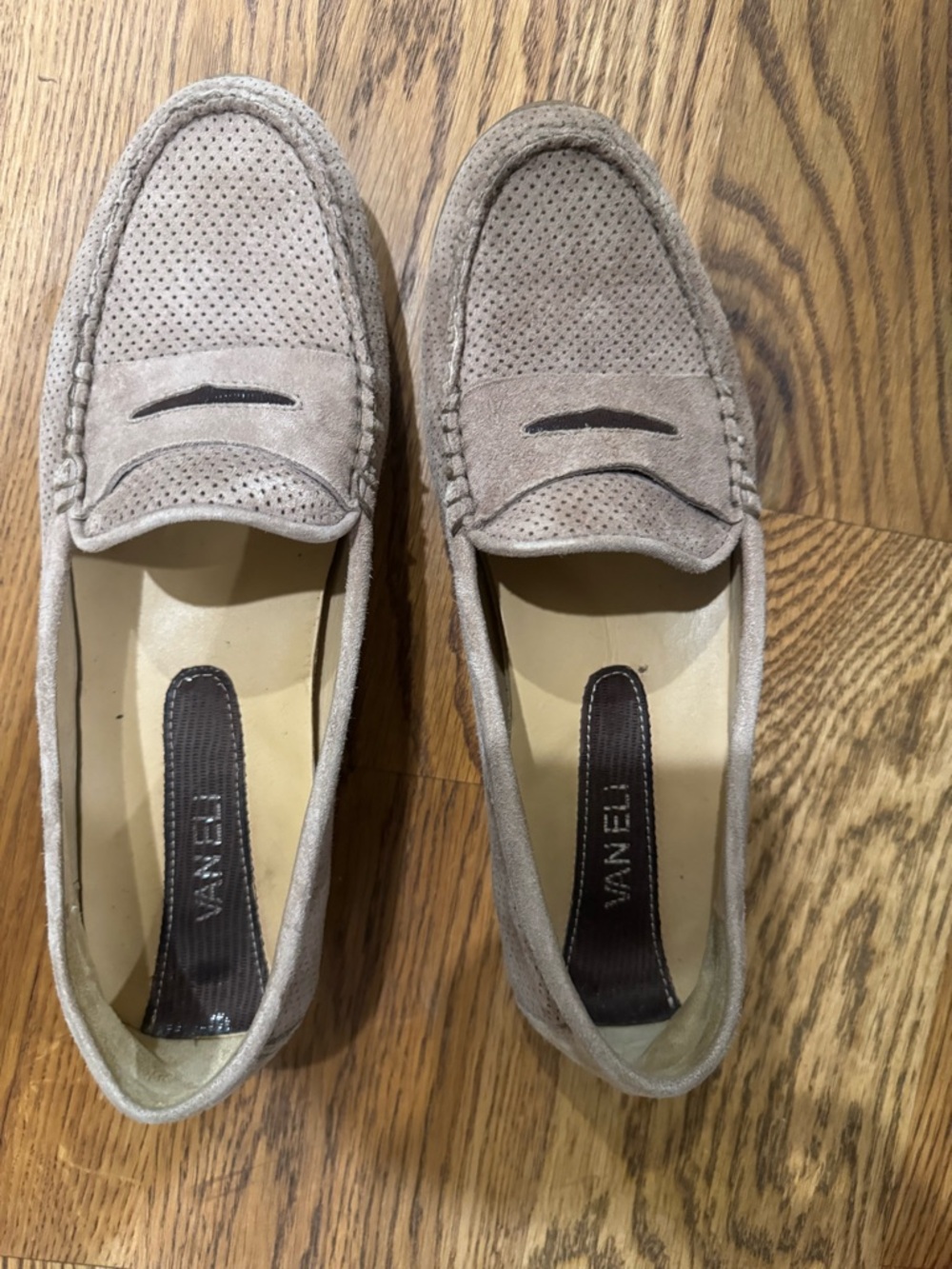 Vaneli Taupe Suede Perforated Penny Loafers